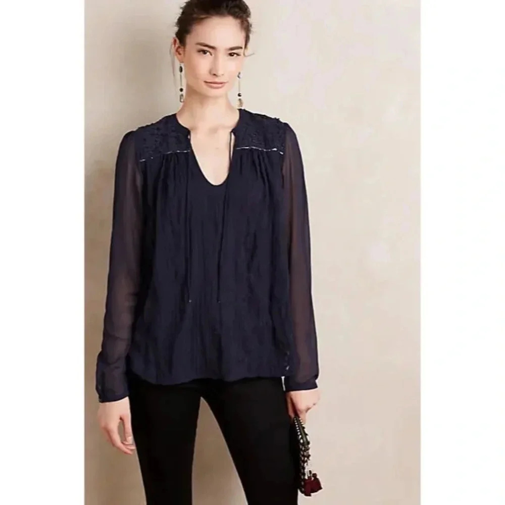 Anthropologie Tiny Embroidered Peasant Tunic Blouse Flowy Midnight Blue Size M